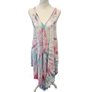 Surf gypsy tiedye pink boho Hankerchief Asymmetrical tank dress cover up medium